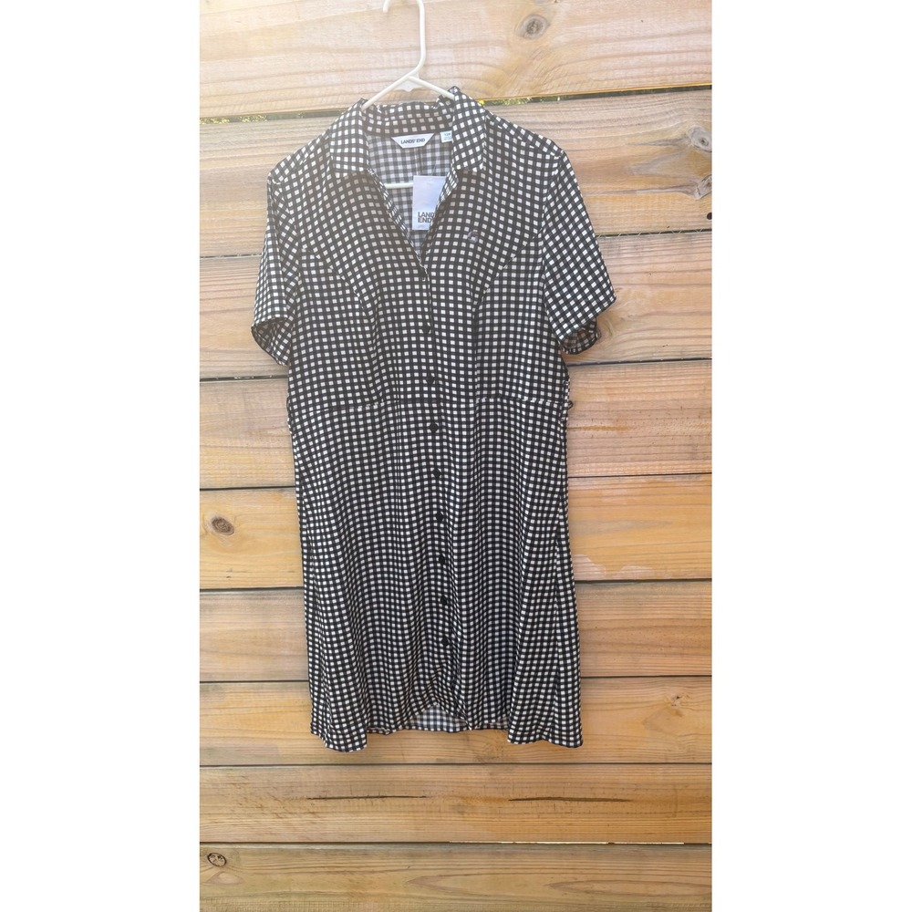 Lands' End Black White Gingham Short Sleeve Button Front Shirt Dress 12P NEW